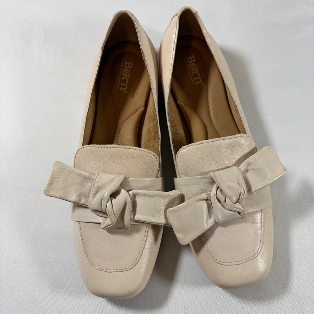 Born‎ Womens Leather Square Toe Bow Loafers Cream Beige Flats BR0016701 Size 10M